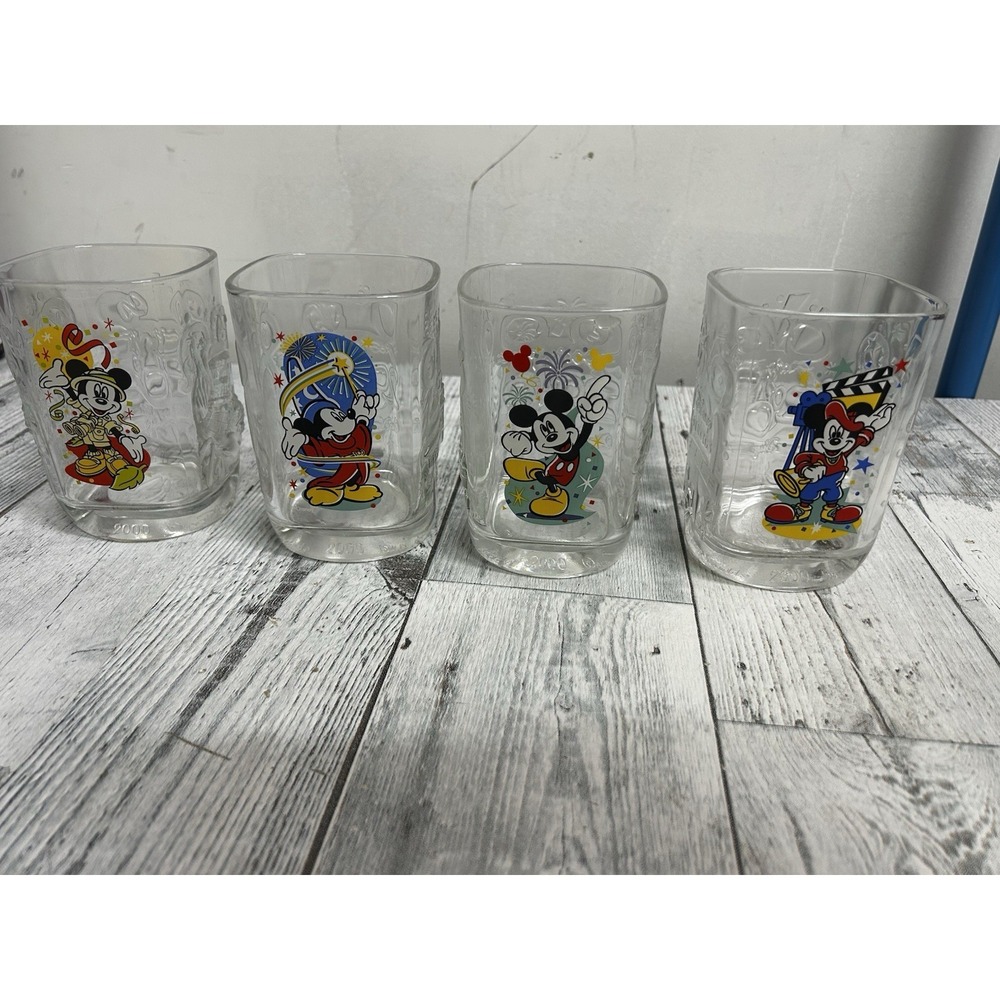Walt Disney World Mickey Mouse Glass Cups McDonald's 2000 Magic Kingdom SET OF 4